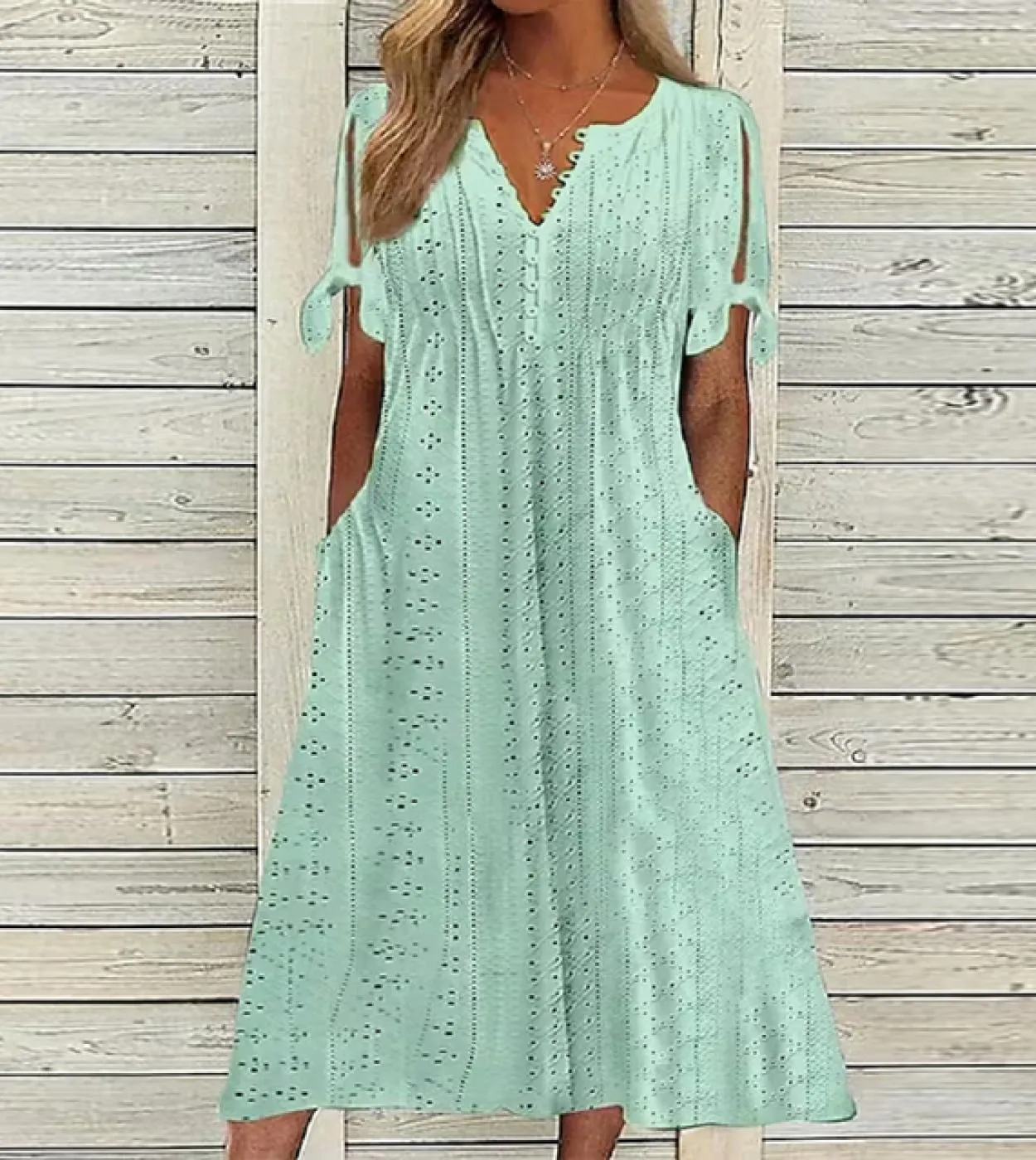 Abito lungo da donna elegante con papillon a maniche corte Abito con scollo a V profondo Bottone allentato Abito a trapezio 2023