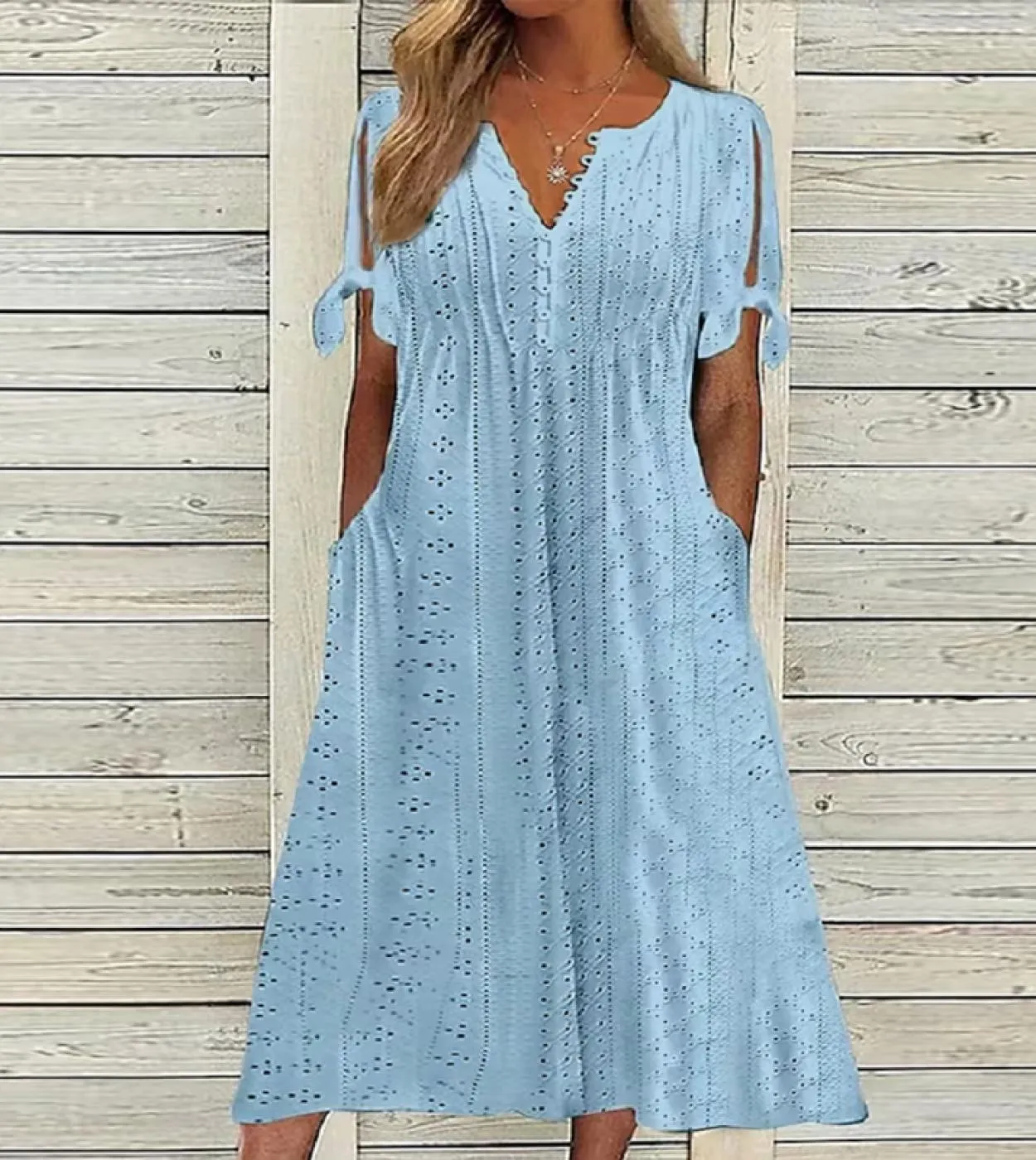 Abito lungo da donna elegante con papillon a maniche corte Abito con scollo a V profondo Bottone allentato Abito a trapezio 2023