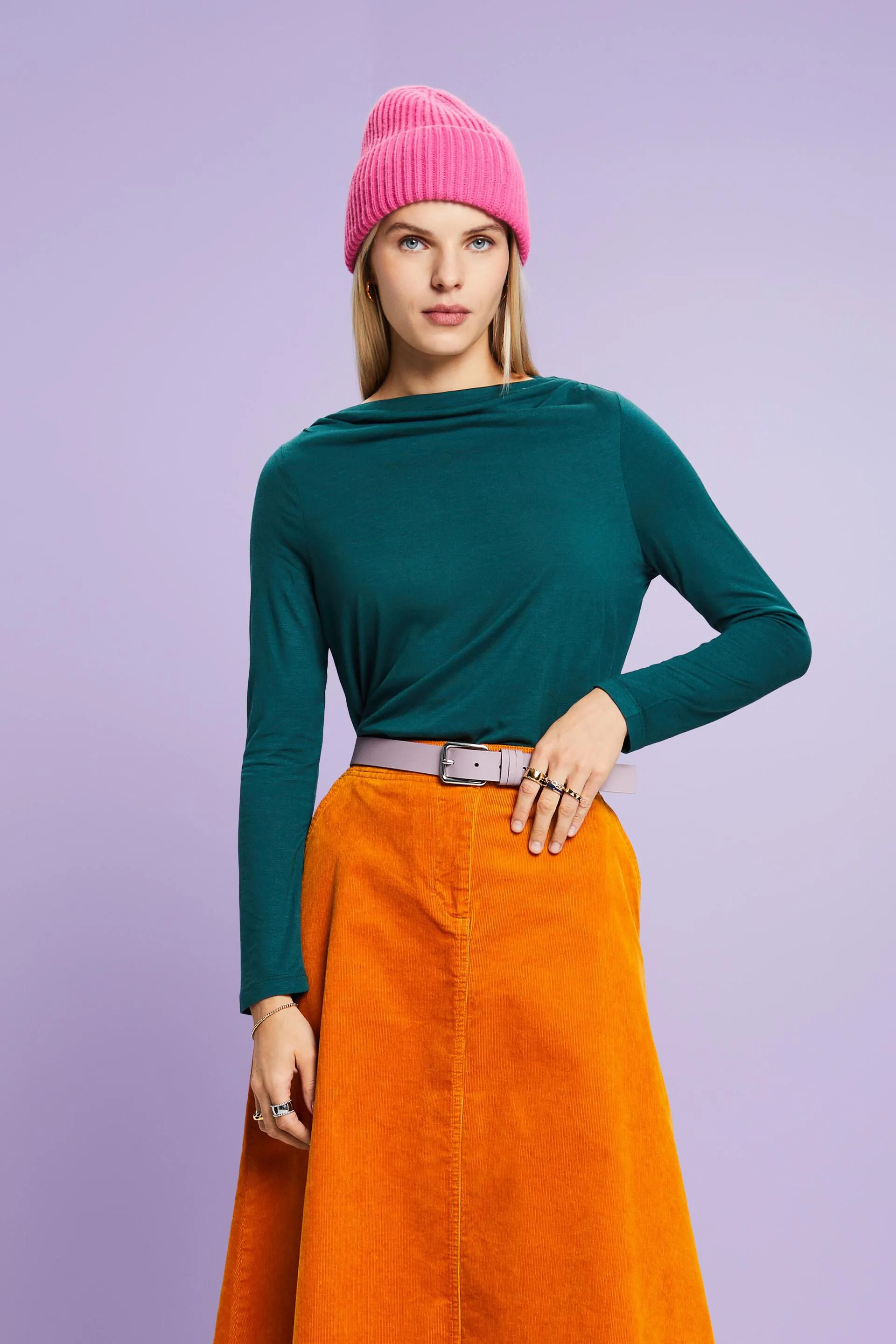 Maglia a maniche lunghe in jersey con collo a cascata