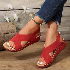 Sandali con zeppa traforata da donna, cinturino incrociato, scarpe con gancio in tinta unita, comode scarpe con plateau e suppor