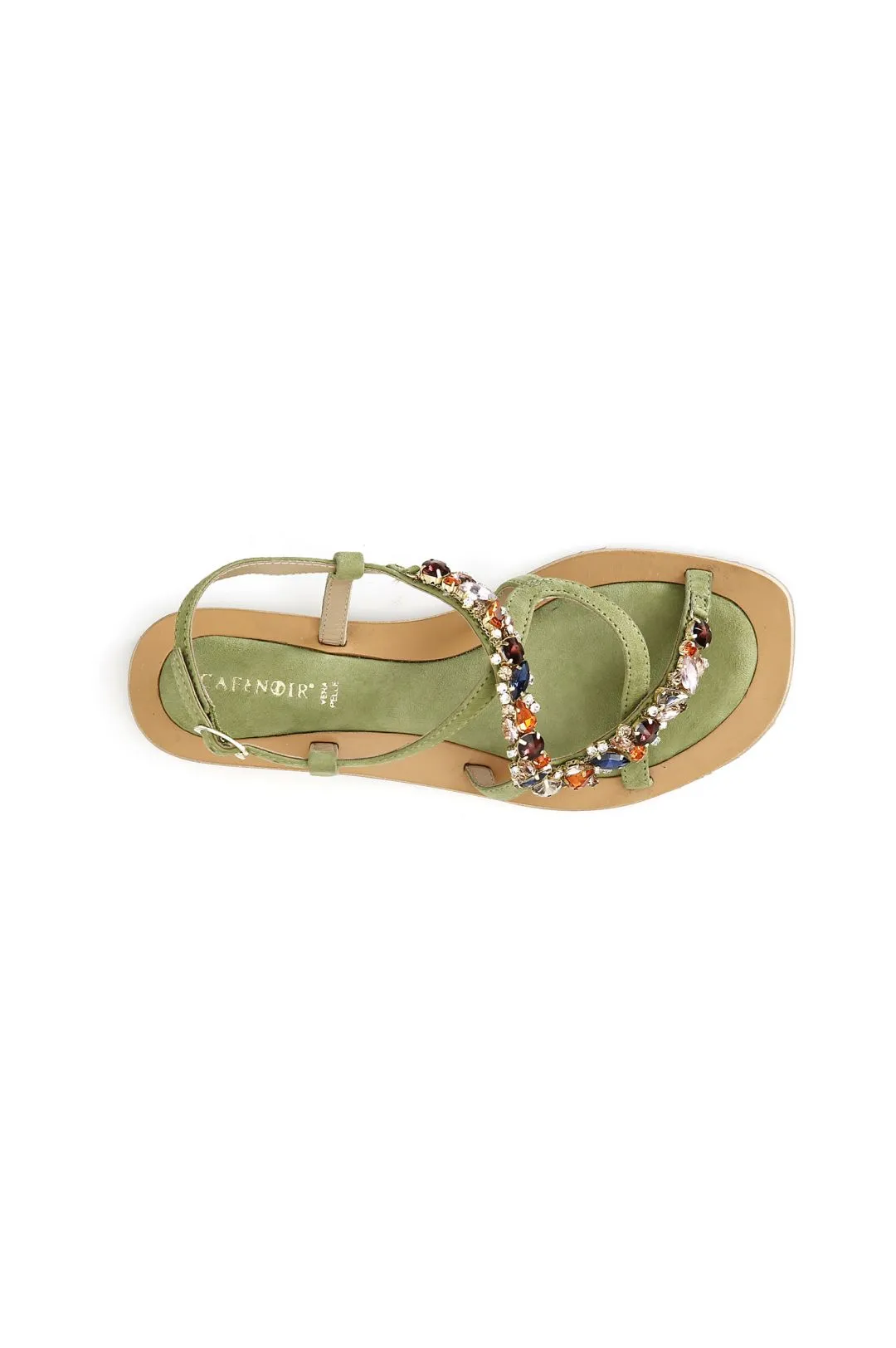 sandali  in pelle scamosciata con accessorio gioiello verde